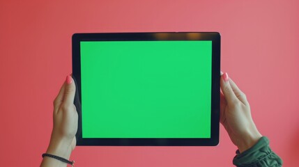 Tablet with Green Screen and Chroma Key Closeup. Pad Mockup with Alpha Matte. Woman Scrolls Up Online News, shopping and browsing internet. Horizontal Template of modern touchpad device in hands.   
