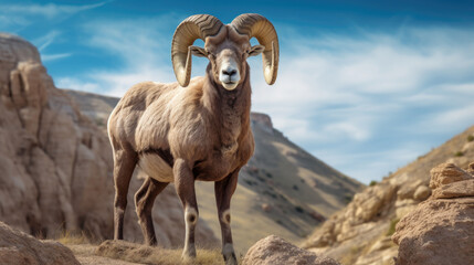 Naklejka premium Closeup mountain ram portrait standing full body length on the mountain