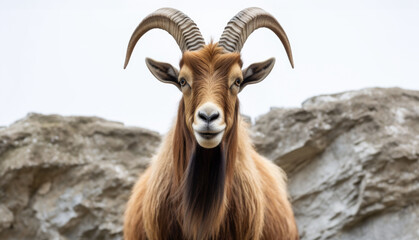 Closeup goat portrait looking at a camera against rocky mountain background with space for copy