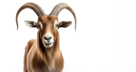 Closeup goat portrait looking at a camera on isolated white background with space for copy