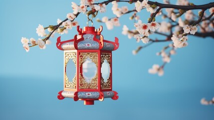 Fototapeta na wymiar Closeup japanese lantern lamp hanging on the tree branch with blooming sakura against blue sky background with space for copy