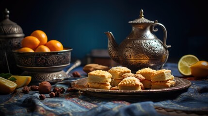 Asian retro tea pot with pastries and glass of tea on the table