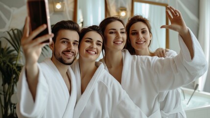 The young happy couples in white bathrobes are making a selfie or a video call after various treatments in a luxury wellness center.   