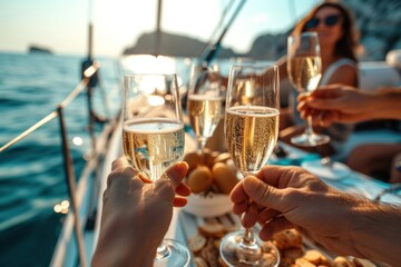 Cheers! Cropped image of group of friends relaxing on luxury yacht and drinking champagne. Having fun together while sailing in the sea. - obrazy, fototapety, plakaty
