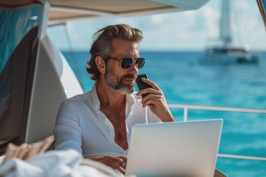 Handsome middle aged man talking on the phone and using laptop while sitting on a yacht