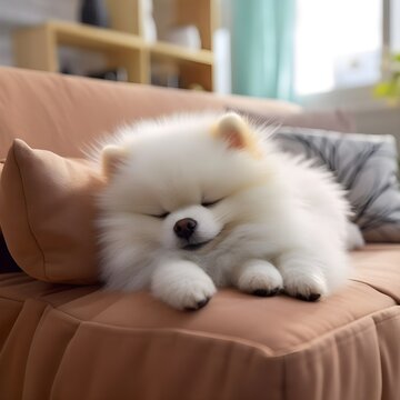 Pomeranian dog is sleeping in a foza chair at home.