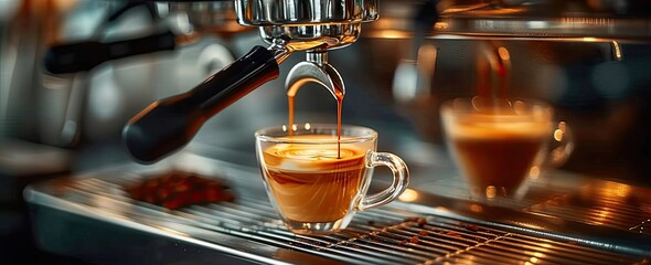Espresso embrace coffee cup amidst cafe serene allure with machine. Morning first pour barista skill is no detour. Freshness in steam window to caffeine tranquil lure