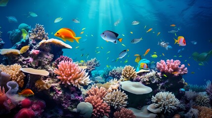 Vibrant underwater coral reef scene with colorful fish swimming among the corals