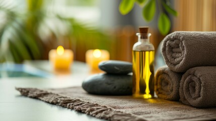 Fototapeta na wymiar towels, hot stone massage, essential oils and massage table in modern beauty studio. 
