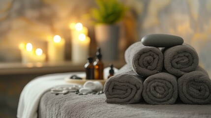 towels, hot stone massage, essential oils and massage table in modern beauty studio.    