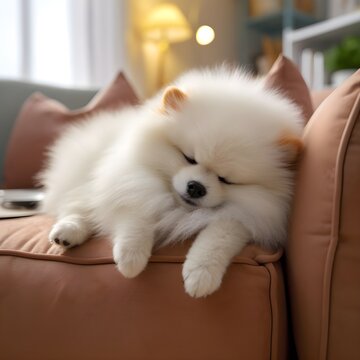 Pomeranian dog is sleeping in a foza chair at home.