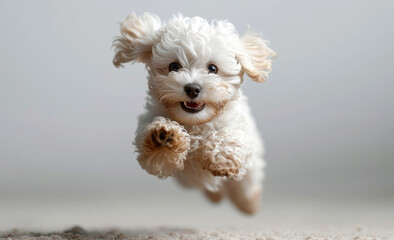 A happy jumping white poodle