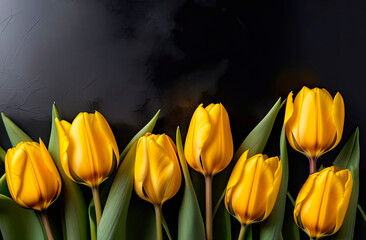 Seven separate yellow tulip flowers at the bottom of the frame, a black banner background with a place for the inscription on the rest of the space, backlight on the left, top view