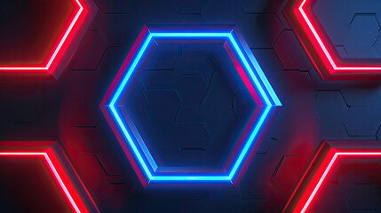 3d render, abstract neon background with red blue hexagonal frame glowing in the dark. Minimalist geometric wallpaper, generated by AI