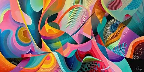 Abstract colorful background in neo-pop style. A print of paint on the wall, a multicolored backdrop with lines and various shapes