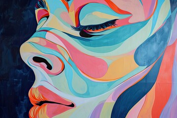 Portrait of a girl in neo-pop art style. A woman's face with closed eyes in pastel colors, stylized image, modern style. An image of geometric shapes, waves, lines of different colors