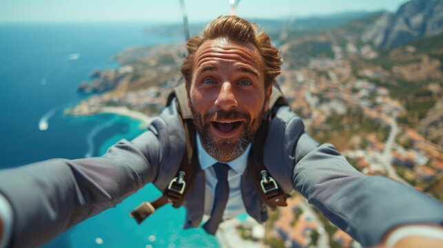 caucasian businessman jumping with parachute in suit excited skydiving
