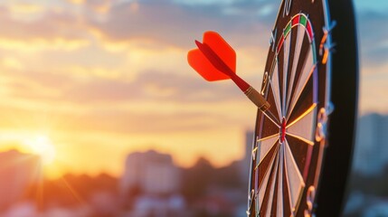 Close up red dart arrow hitting target center dartboard on sunset background. Business targeting and focus concept. - obrazy, fototapety, plakaty
