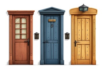 Three isolated and realistic wooden doors design icon set in different styles and colors
