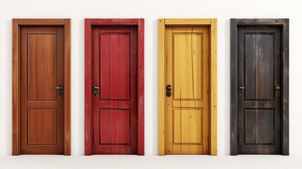 Four isolated and realistic wooden doors design icon set in different styles and colors