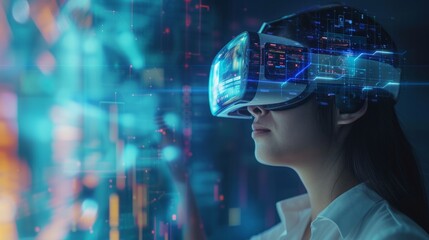 Woman in modern VR glasses interacting with network while having virtual reality experience. Augmented reality game, future technology, AI concept. VR. Holographic interface to display data.   