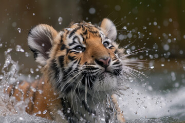 siberian tiger cub shaking off water after a refreshing swim