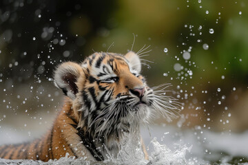 siberian tiger cub shaking off water after a refreshing swim