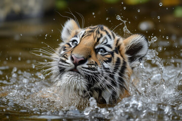 Fototapeta na wymiar siberian tiger cub shaking off water after a refreshing swim