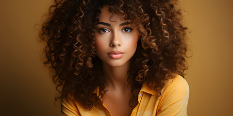 Fototapeta premium Beautiful Exotic Dark Skinned Woman with Curly Hair on Brown Studio Background