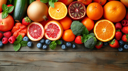 vibrant selection of fresh fruits, including oranges, grapefruits, strawberries, and blueberries, arranged on a wooden surface