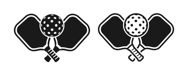 Crossed Pickleball Racket and Ball Icons In Glyph Style, Two Variants