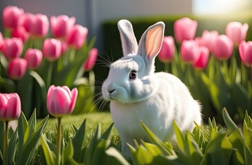 Obraz premium A cute white-gray hare is sitting in a clearing, pink tulips are growing around, blurred background, sideways