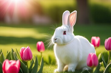 a fluffy white bunny sits surrounded by pink tulips in a green clearing, a blurred background of the park, bokeh