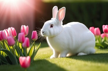 A small white bunny is sitting on the green grass, pink tulips are growing around, blurred background of trees, contour light, sideways