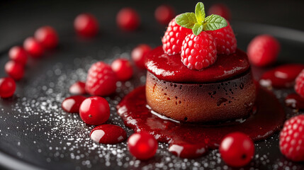 chocolate dessert with raspberry sauce and fresh raspberries, dusted with sugar