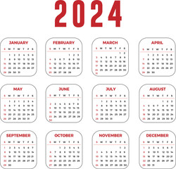 Free vector new year 2024 calendar in red colour