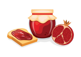 Toasted bread with pomegranate jam vector illustration. Toast and pomegranate jam breakfast still life vector. Jam jar with pomegranate fruit and slice of bread icon isolated on a white background