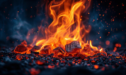 Burning campfire with hot coals and fiery particles isolated on a dark background.