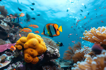 Underwater Tropical Corals Reef with colorful sea fish. Marine life sea world. Tropical colourful underwater seascape.
