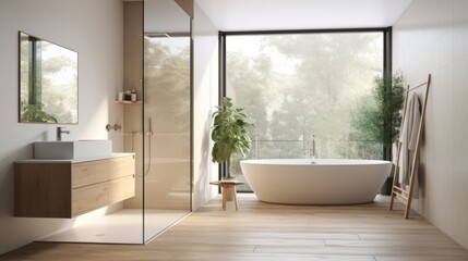 Interior of modern bathroom with white walls, wooden floor, comfortable white bathtub and round mirror. 3d rendering