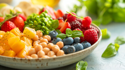 nutritious bowl filled with a variety of fresh fruits, legumes, and herbs, including mango, berries, chickpeas, and green peas, on a bright surface