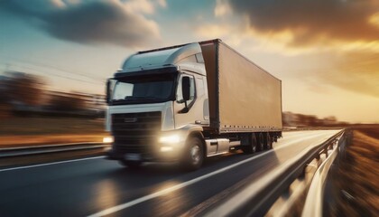 Obraz premium Consumer goods fulfillment delivery truck driving on city suburban road