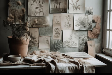 Whispers of Nature: serene tableau unfolds with dried plants and botanical illustrations, evoking a sense of nostalgia and tranquility near an old window.
