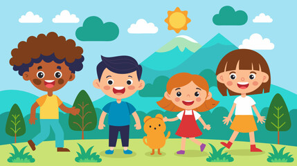 Happy cartoon children playing outdoors with dog in nature scene