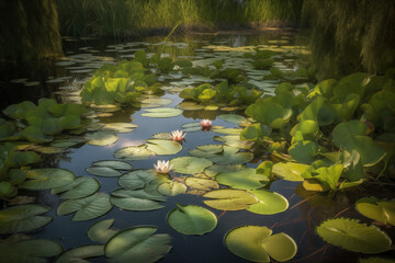 A serene pond covered with water lilies, where frogs bask on lily pads and dragonflies dance in the warm afternoon sun