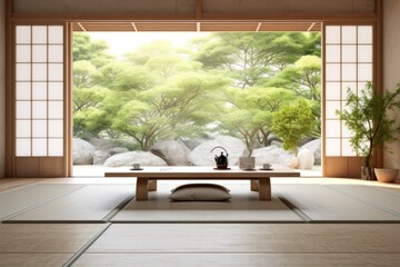 Japanese-style room with view of the garden. 3d rendering