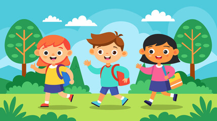 Obraz na płótnie Canvas Happy children running with backpacks in a park vector illustration