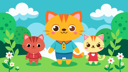 Obraz premium Cute cartoon cat family enjoying a sunny day outdoors in nature