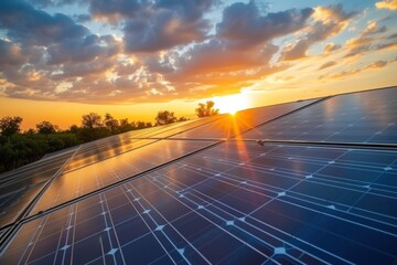 Solar panels on the roof of a house against the background of the setting sun