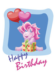 Pink pony birthday greeting.Vector illustration.